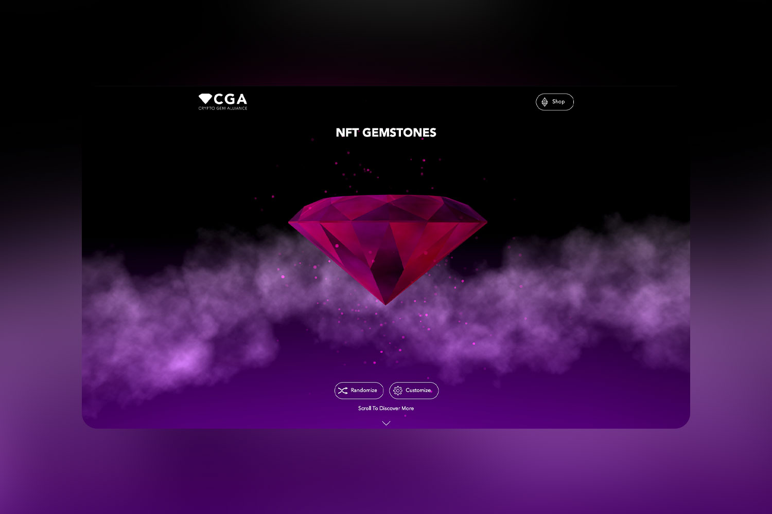 A purple diamond emitting smoke, featured on the Crypto Gems Alliance website.