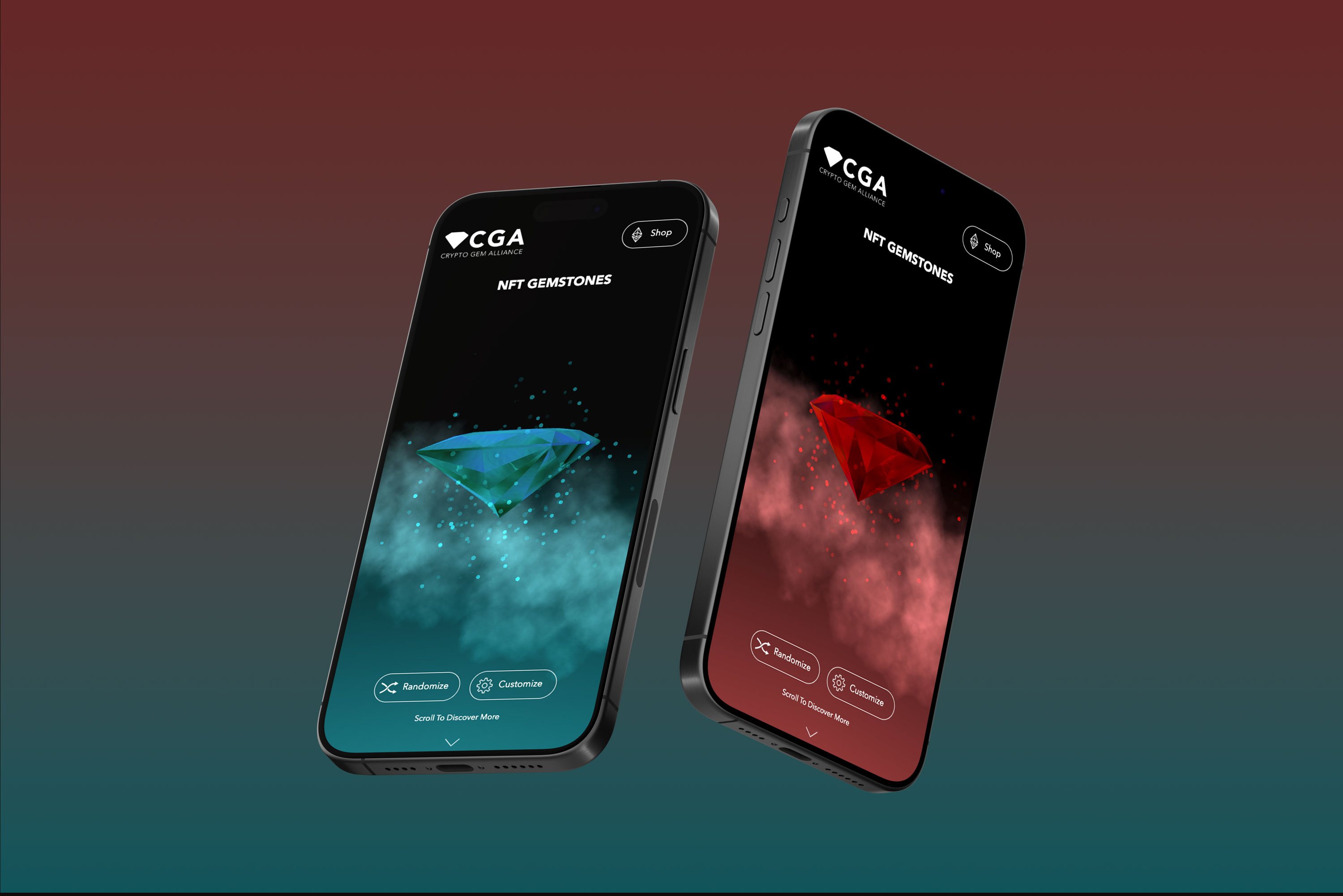 A pair of iPhones with matching designs, each featuring the Crypto Gems Alliance website on their screens.