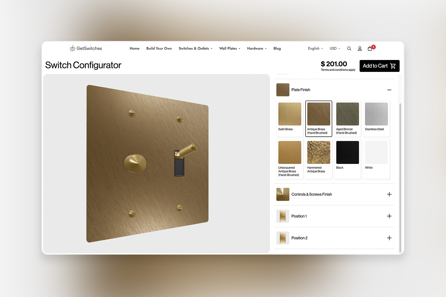 Antique brass hand-brushed finish preview in the switch configurator.