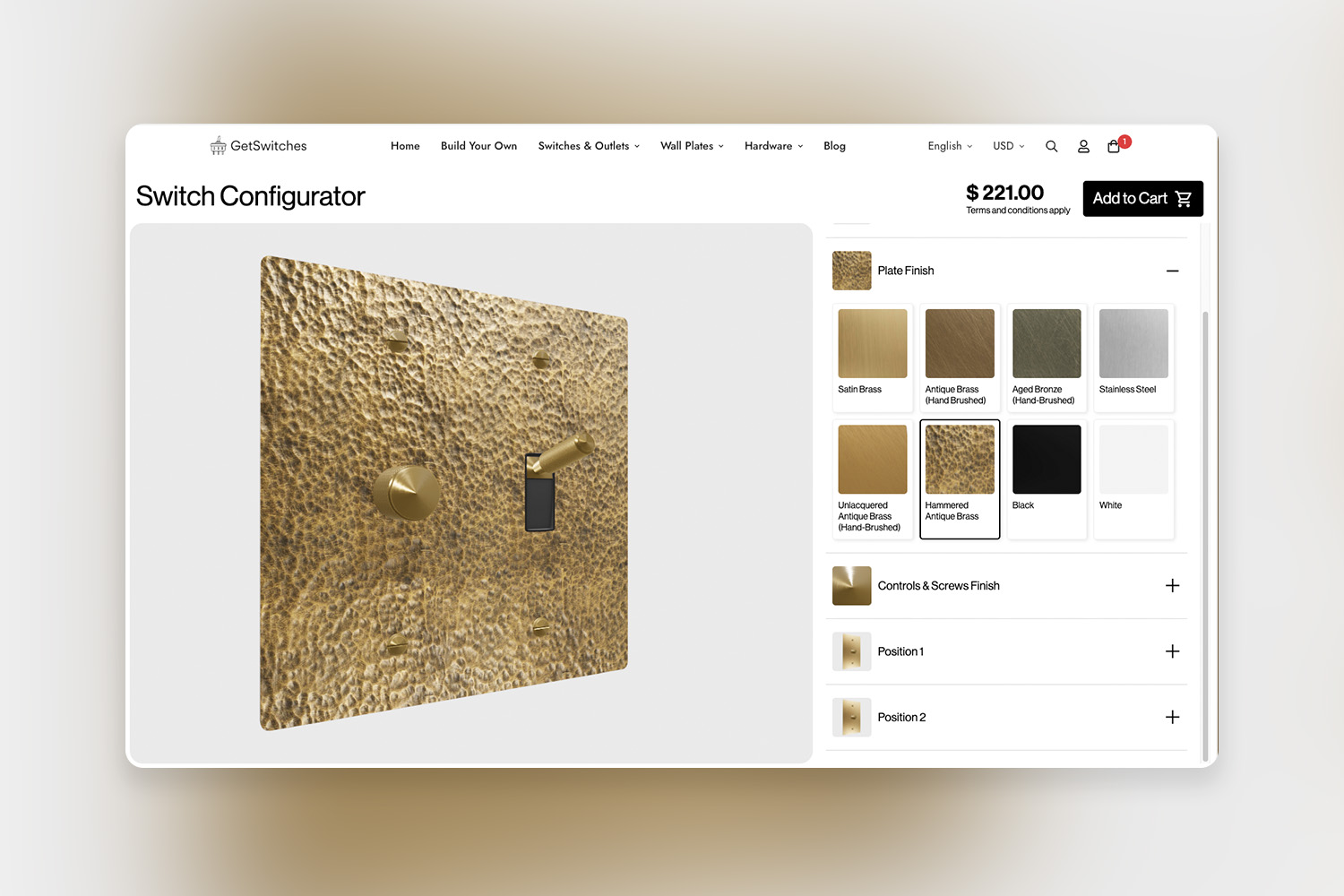 Hammered antique brass switch plate with textured finish in the configurator.