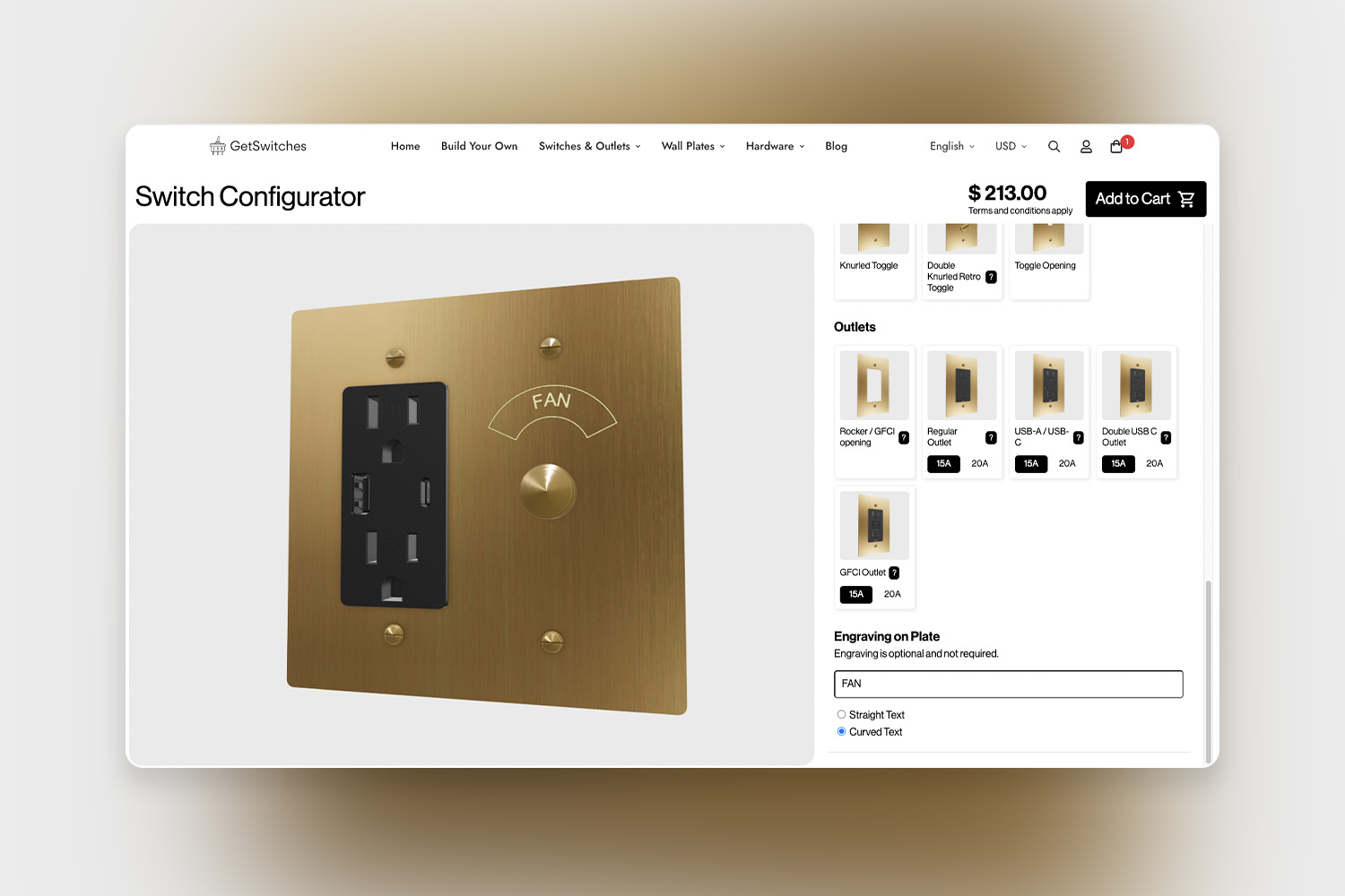 Brass switch plate with outlet and engraved fan control in the configurator.