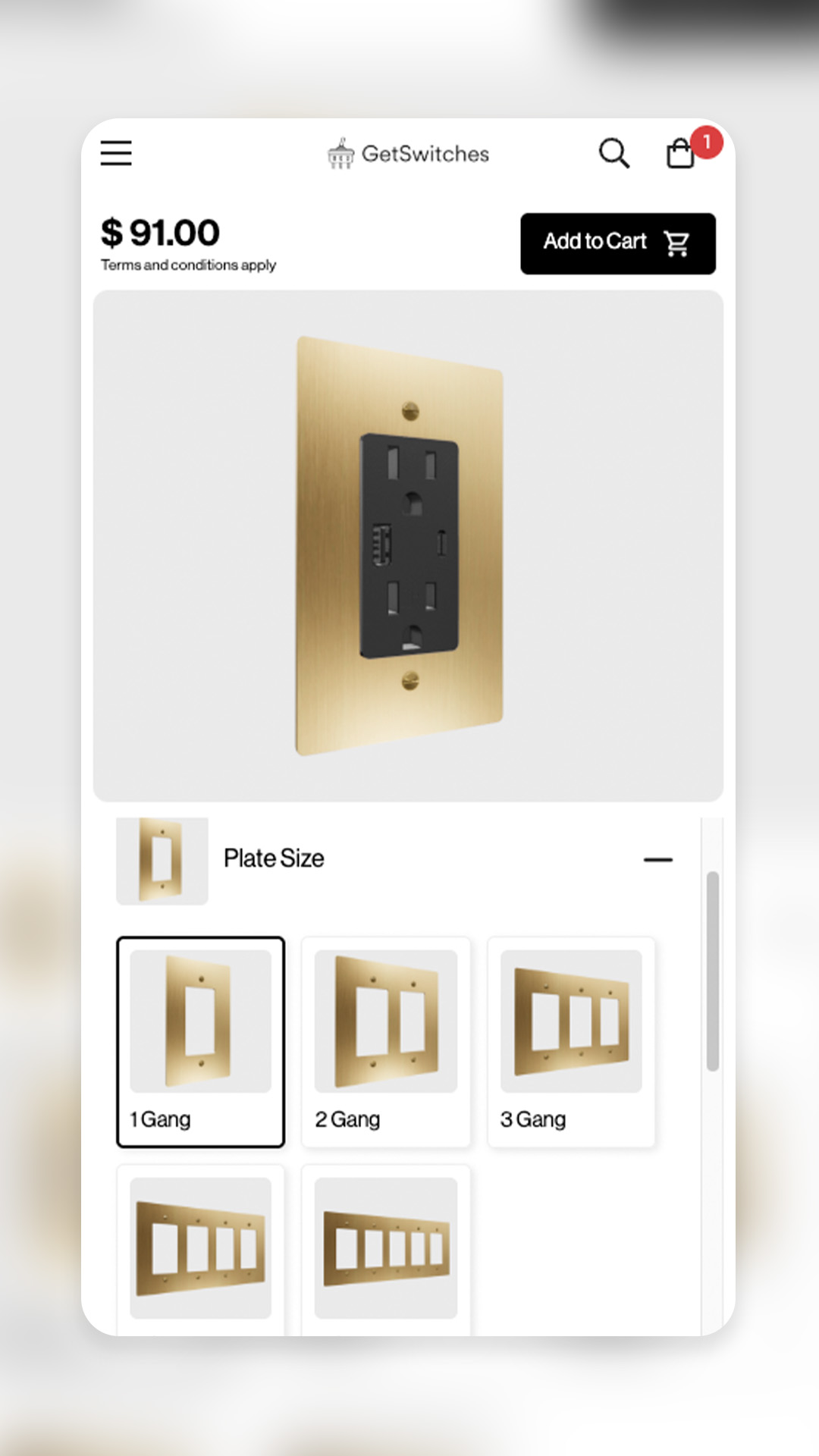 Mobile view of a single-gang brass outlet plate in the configurator.