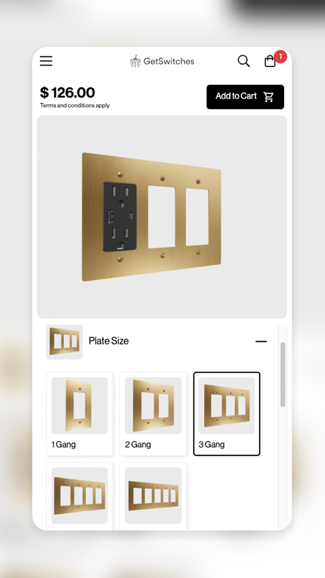 Mobile view displaying a three-gang brass switch plate option.