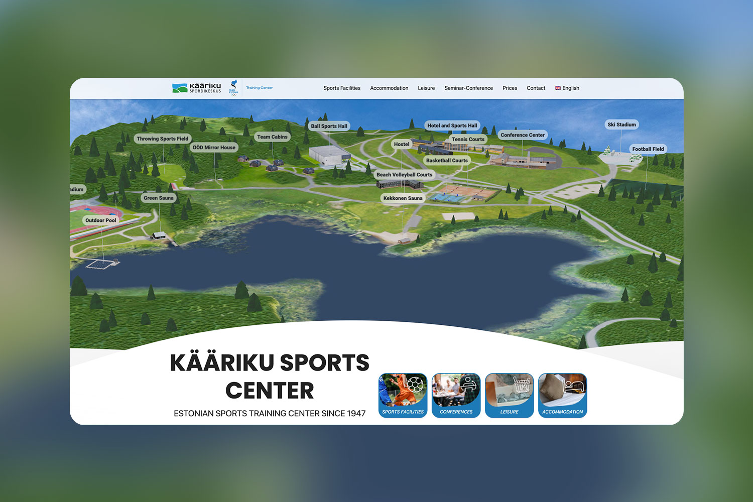 Website homepage of Karuku Sports Center featuring sports facilities and activities available for visitors.