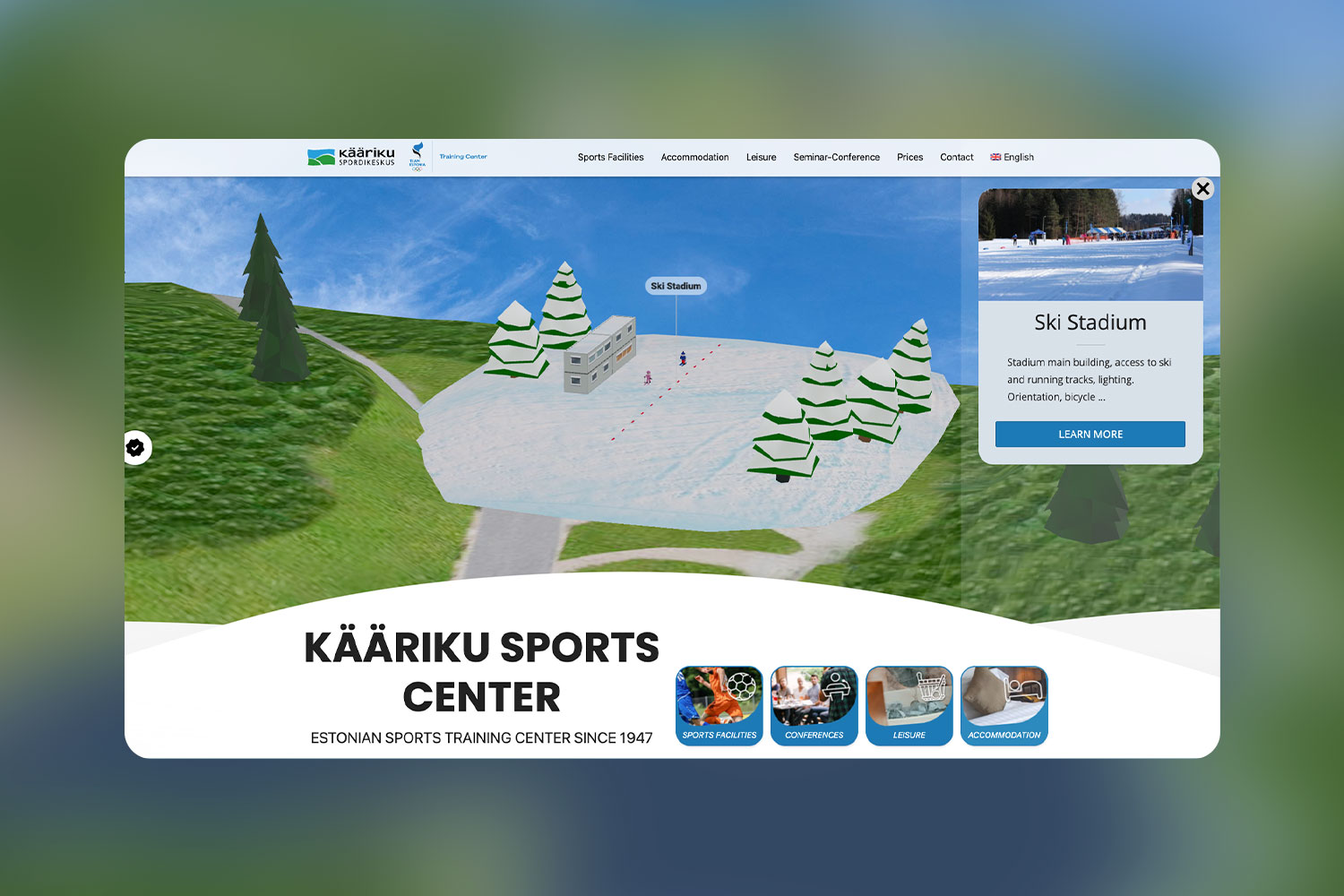 Website homepage of Kaariku Sports Center featuring Ski Stadium available for visitors.