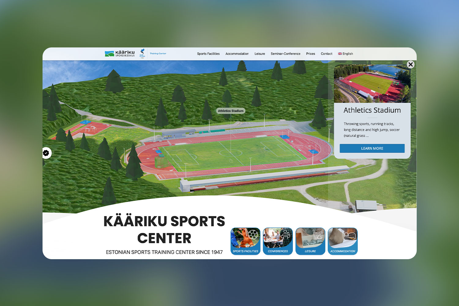 Website homepage of Kaariku Sports Center featuring Athletics Stadium available for visitors.