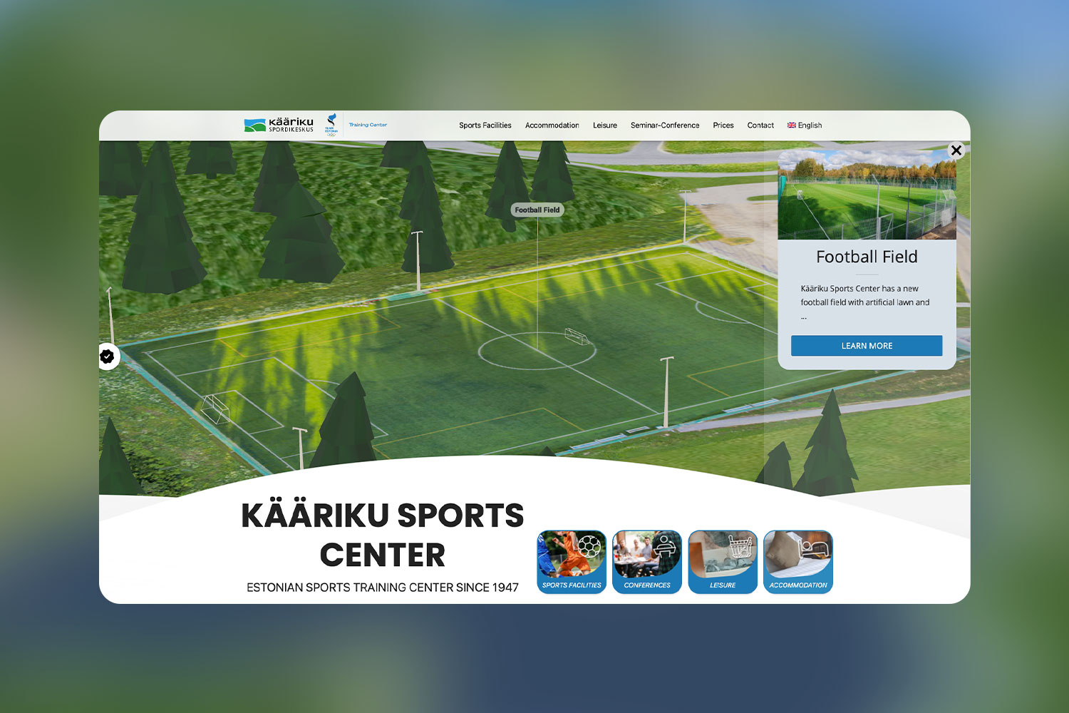 Website homepage of Kaariku Sports Center featuring Football Field available for visitors.