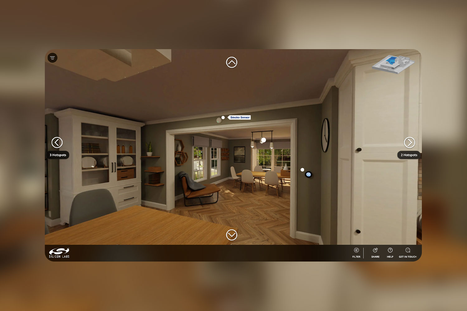 Silicon labs homes website 360 degree view of the living room and kitchen along with highlighted smoke sensor option.