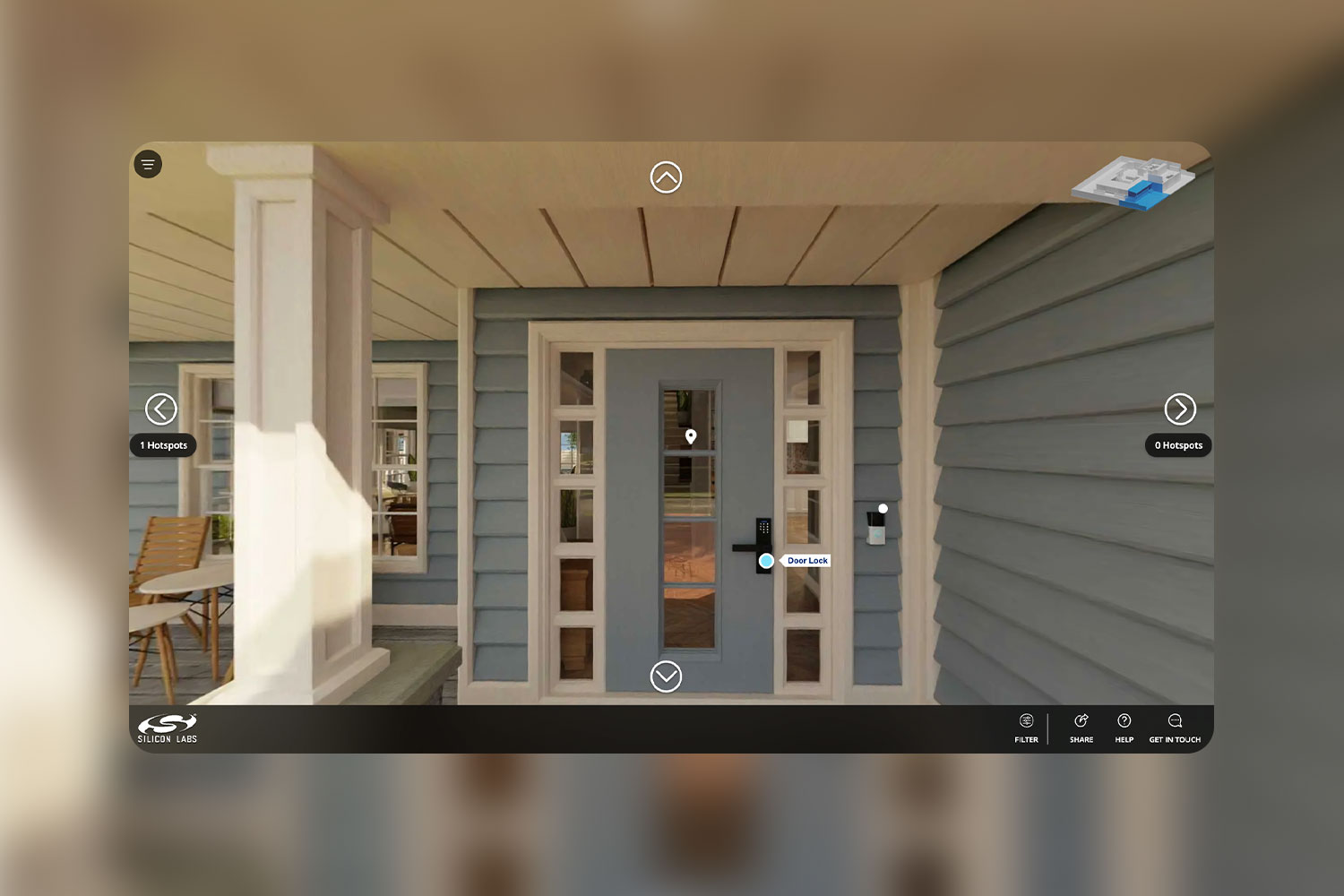 Silicon labs homes website 360 degree view of the entrance along with highlighted door lock option.