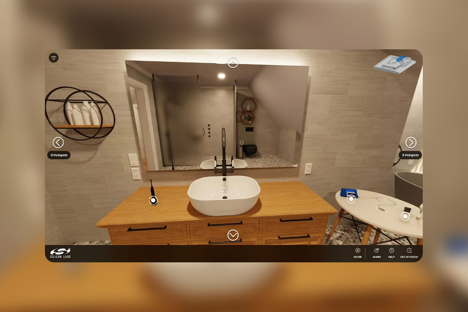 Silicon labs homes website 360 degree view of the bathroom.