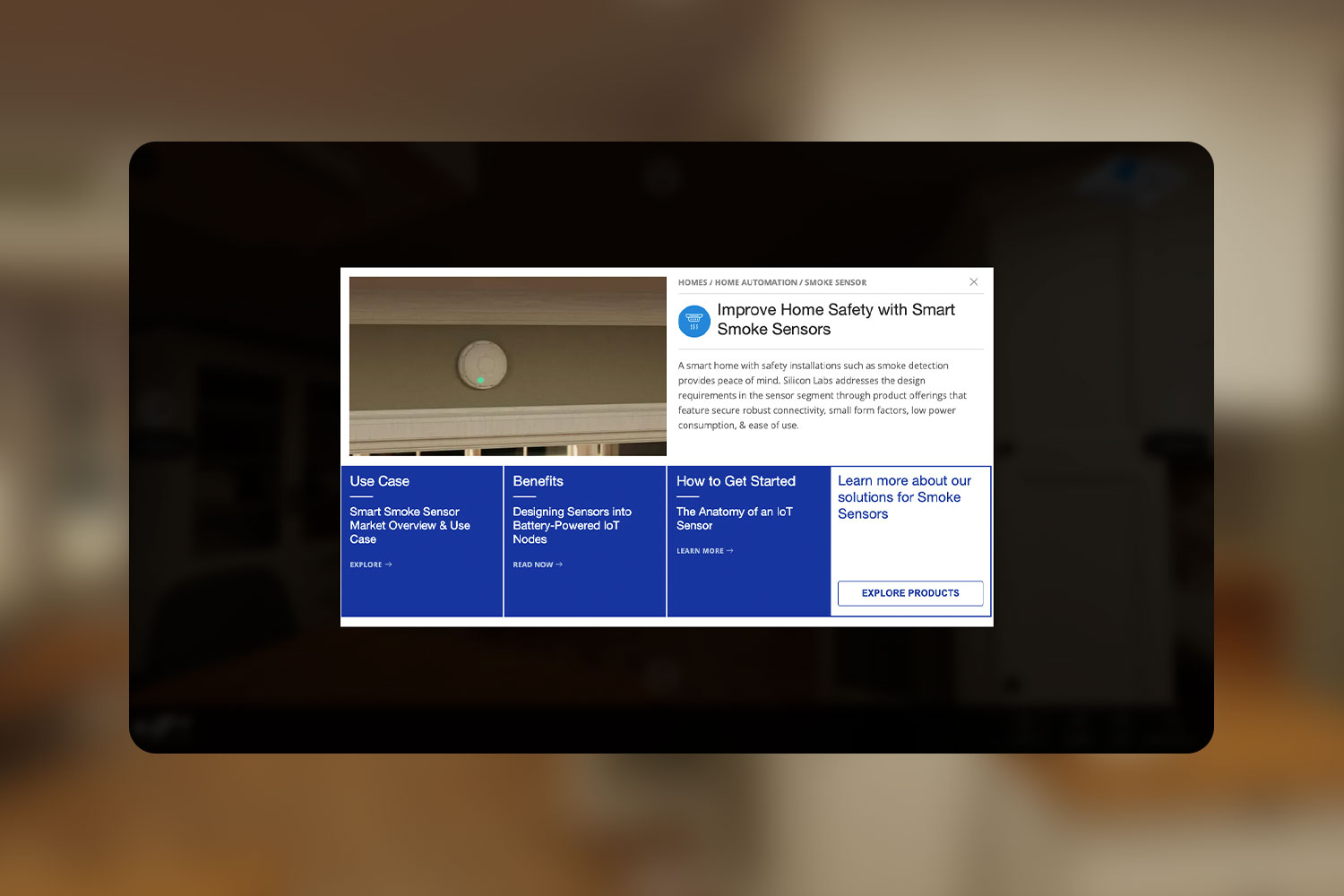 Modal of smoke sensors in Silicon labs homes website.